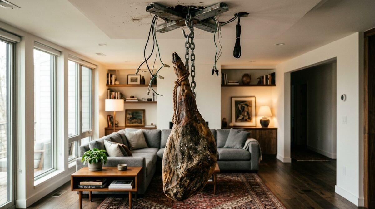 I Came Home To Find My Roommate Uninstalled Our Living Room Fan To Hang A 60-Pound Cured Ham From The Rafters