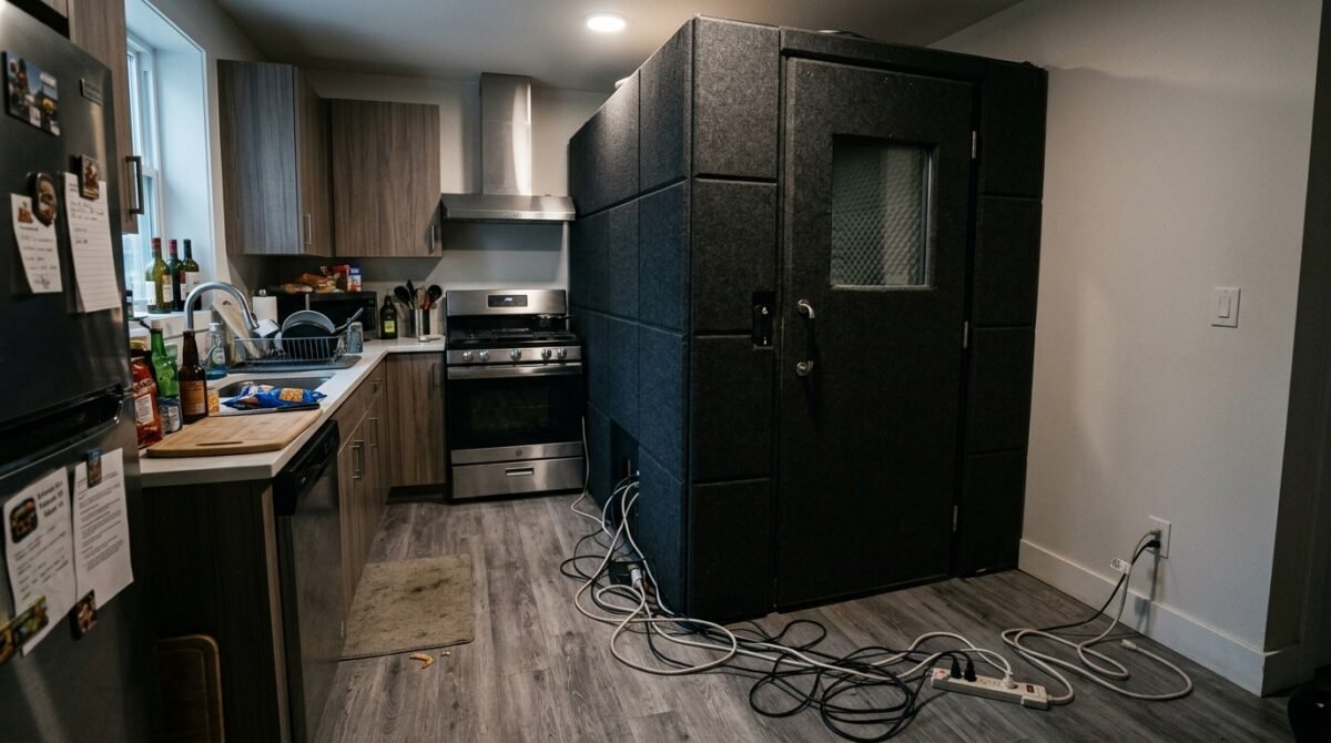 My Roommate Blocked The Refrigerator And Stove With A Giant Acoustic Booth For Cold Calling, So I Unplugged Her Power Strip Every Morning
