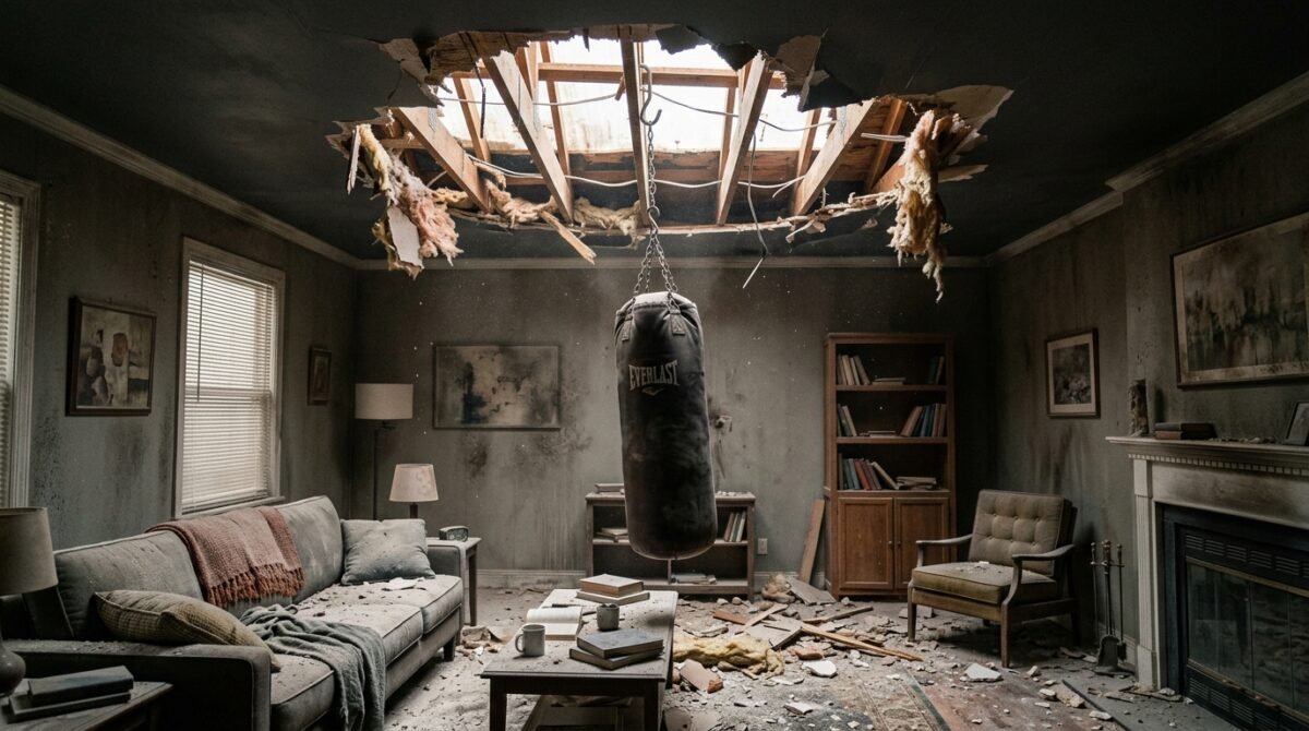 My Roommate Bolted A 150-Pound Boxing Bag To Our Living Room Plaster Ceiling And Collapsed The Roof, Then Expected Me To Split The Repair Costs